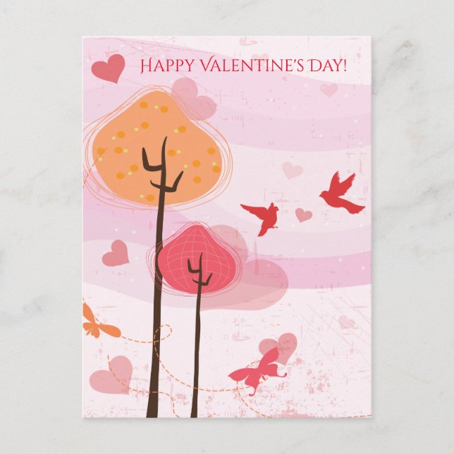 Happy Valentine's Day Birds Butterflies Trees Holiday Postcard (Front)
