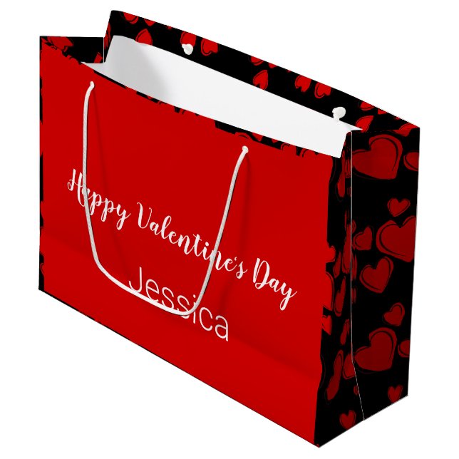 Happy Valentine's Day Black and Red with Hearts Large Gift Bag (Front Angled)