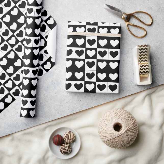 Happy Valentines Day Black and White Hearts Wrapping Paper (Crafts)