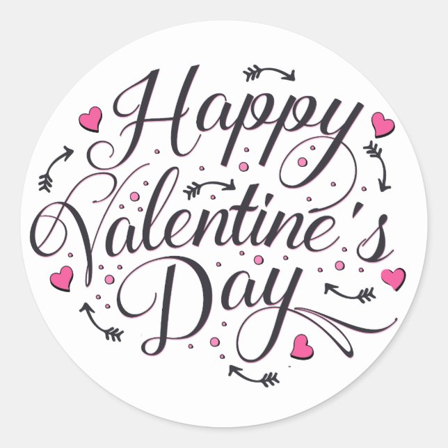 Happy Valentine's Day Black Pink Hearts Arrow Classic Round Sticker (Front)