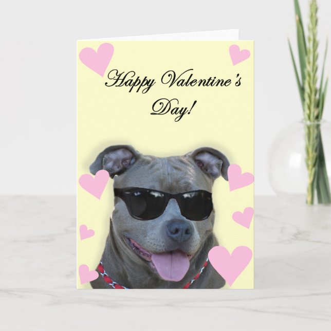 Happy Valentine's Day Blue pitbull with glasses Holiday Card (Front)