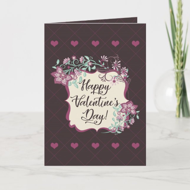 Happy Valentine's Day! Boho Pink Flowers Hearts Card (Front)