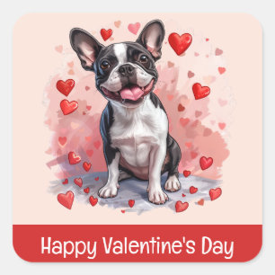 Happy Valentines Day Boston Terrier Dog Square Sticker