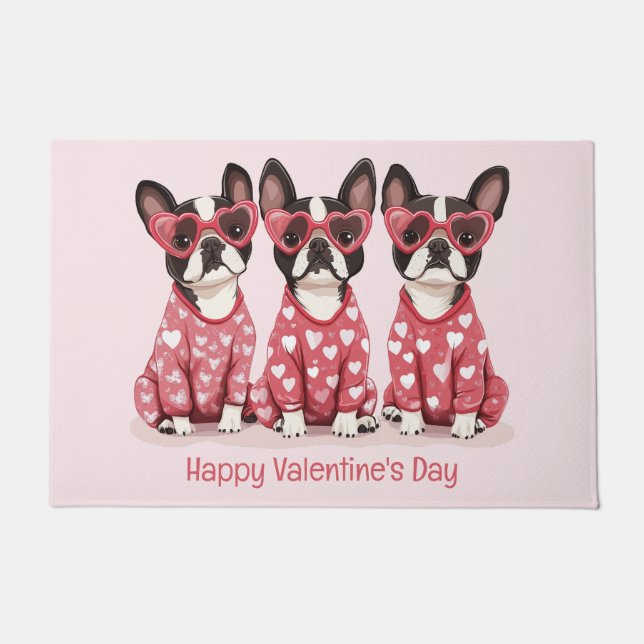 Happy Valentines Day Boston Terrier Dogs Doormat (Front)