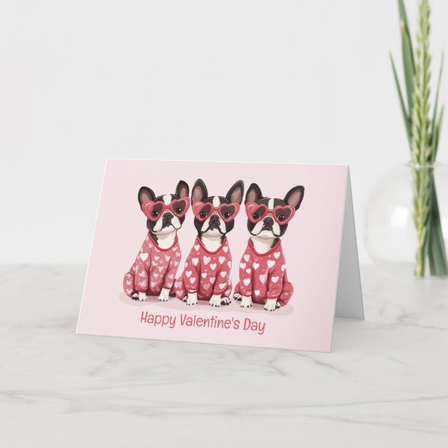 Happy Valentines Day Boston Terrier Dogs Holiday Card (Front)