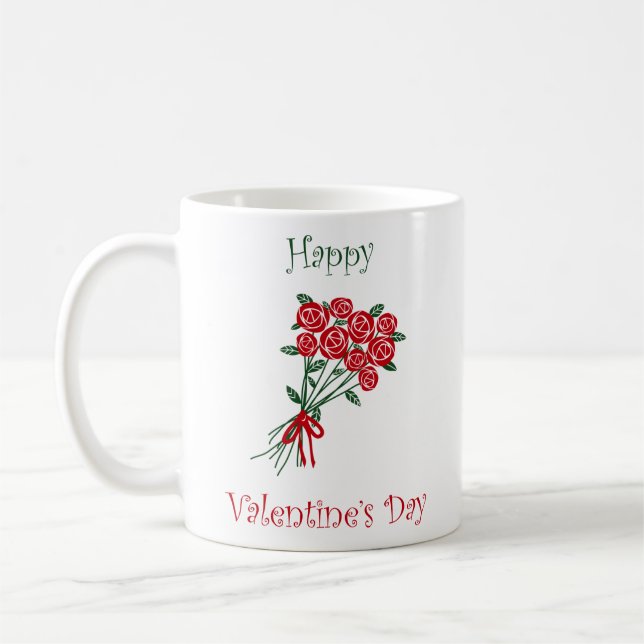 Happy Valentines Day Bouquet Of Red Flowers Coffee Mug (Left)