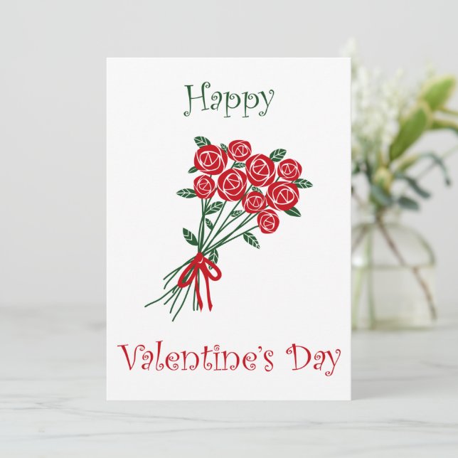 Happy Valentines Day Bouquet Of Red Flowers Holiday Card (Standing Front)