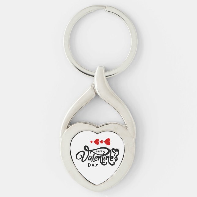 Happy Valentines Day calligraphy Red Hearts Arrows Key Ring (Front)