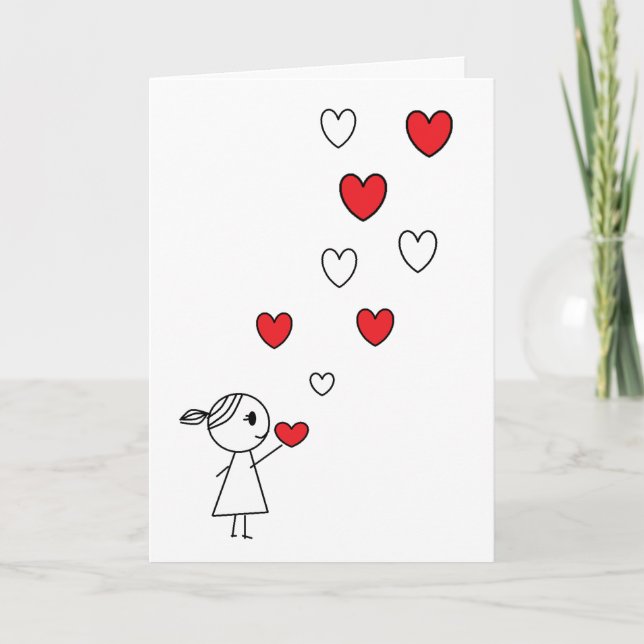 Happy Valentine's Day Card Stick Girl with Hearts (Front)