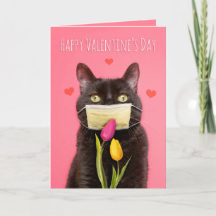 Happy Valentine's Day Cat in Face Mask With Flower Holiday Card