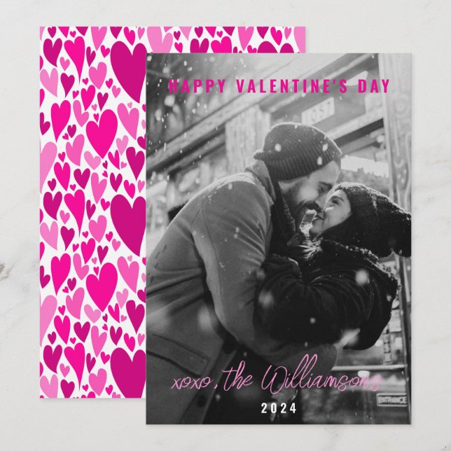 Happy Valentines Day Chic Pink Hearts Couple Photo Holiday Card (Front/Back)