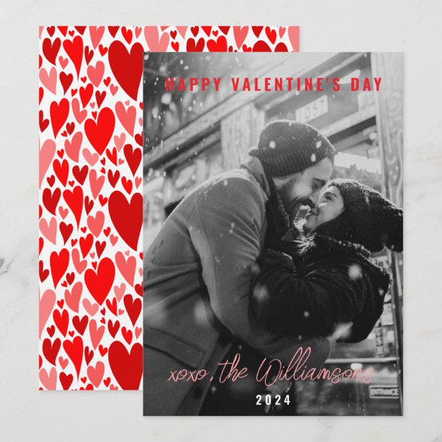 Happy Valentines Day Chic Red Hearts Couple Photo Holiday Card (Front/Back)