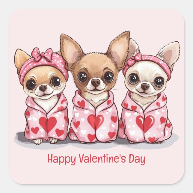 Happy Valentines Day Chihuahua Dogs Square Sticker (Front)