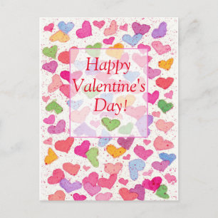 Happy Valentine's Day Colourful Watercolor Hearts Holiday Postcard