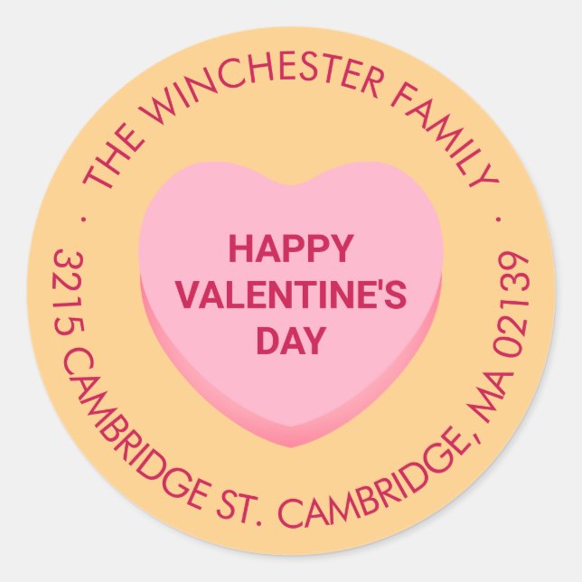 Happy Valentine's Day conversation heart address Classic Round Sticker (Front)