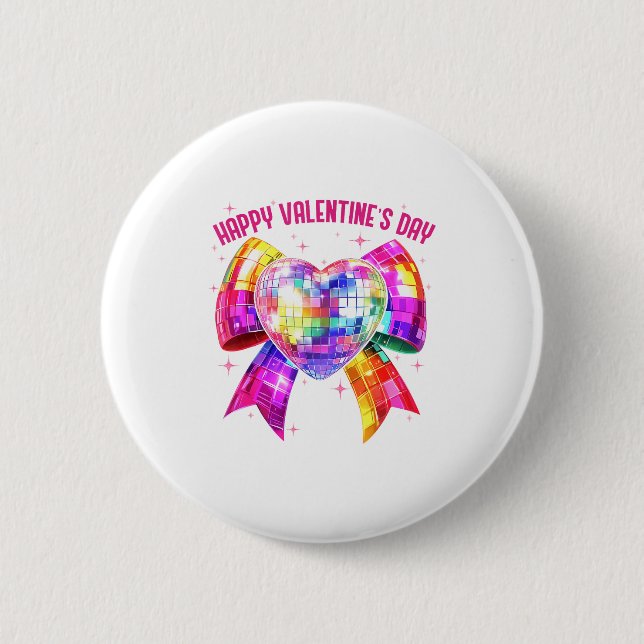Happy Valentine's Day Coquette Disco Ball Heart Gi 6 Cm Round Badge (Front)