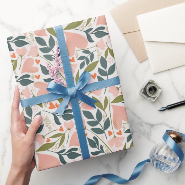 Happy Valentines Day Coral Hearts Botanical Floral Wrapping Paper (Gifting)