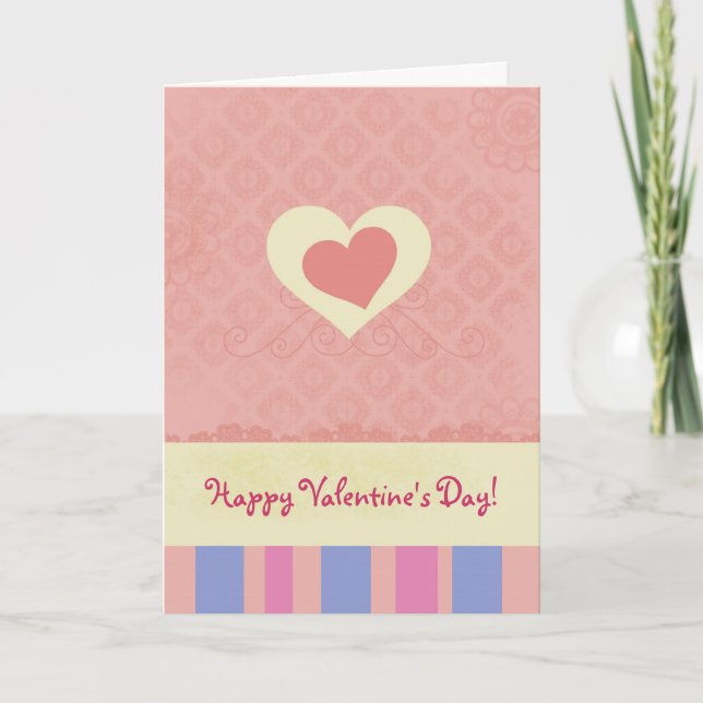 Happy Valentine's Day Coral Pink Heart Stripes Holiday Card (Front)
