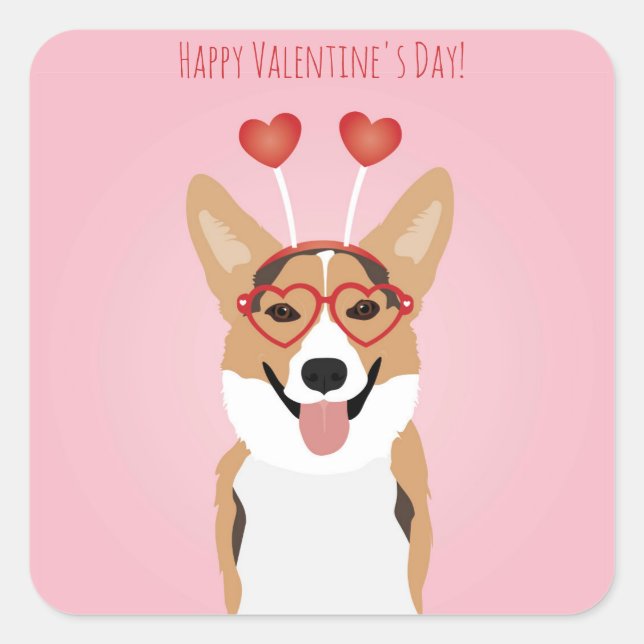 Happy Valentines Day Corgi Dog Square Sticker (Front)