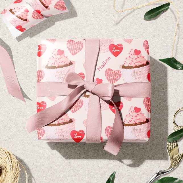 Happy Valentine's Day Cupcake and Hearts Pattern Wrapping Paper (Creator Uploaded)