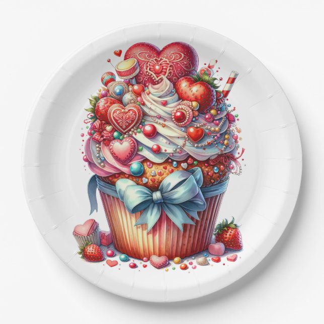 Happy Valentines Day Cupcake Paper Plate (Front)