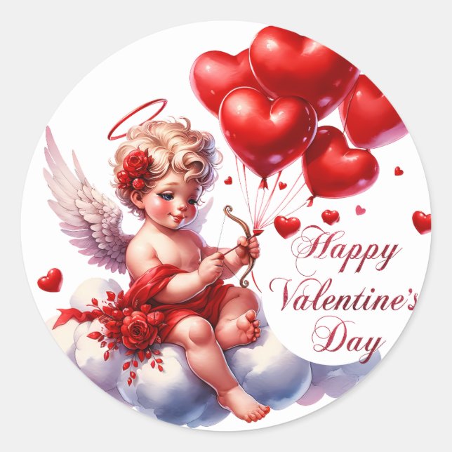 Happy Valentine's Day Cupid with Red Hearts Classic Round Sticker (Front)