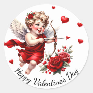 Happy Valentine's Day Cupid with Red Hearts & Rose Classic Round Sticker