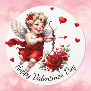 Happy Valentine's Day Cupid with Red Hearts & Rose Classic Round Sticker