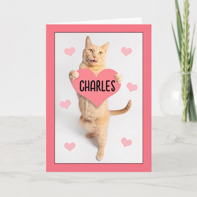 Happy Valentines Day Custom Name Cute Orange Tabby Holiday Card (Front)