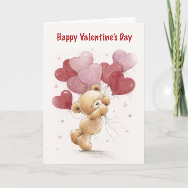 Happy Valentine's Day, Cute Bear Holding Balloons. Card (Front)