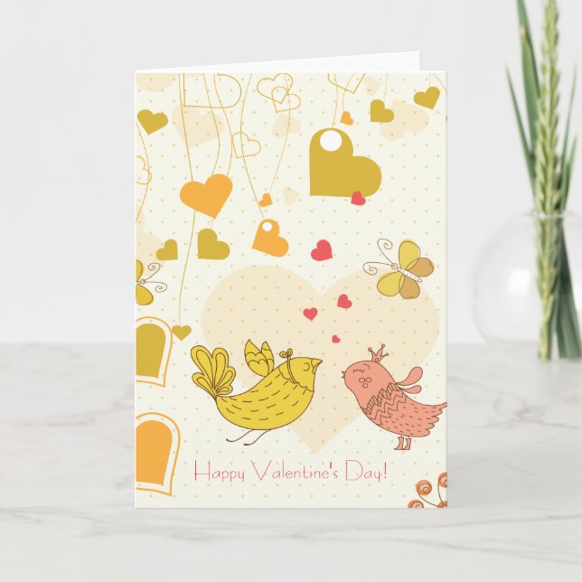 Happy Valentine's Day Cute Birds Hearts Butterfly Holiday Card (Front)