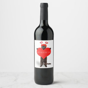 Happy Valentine's Day Cute Cat Holding Heart Humou Wine Label