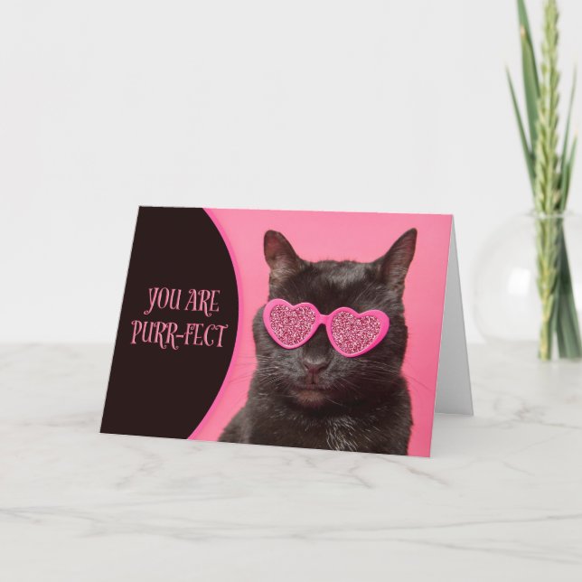 Happy Valentines Day Cute Cat in Glitter Glasses Holiday Card (Front)