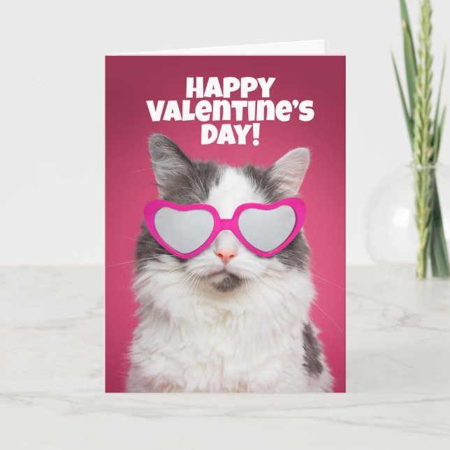 Happy Valentine's Day Cute Cat in Heart Sunglasse Holiday Card (Front)