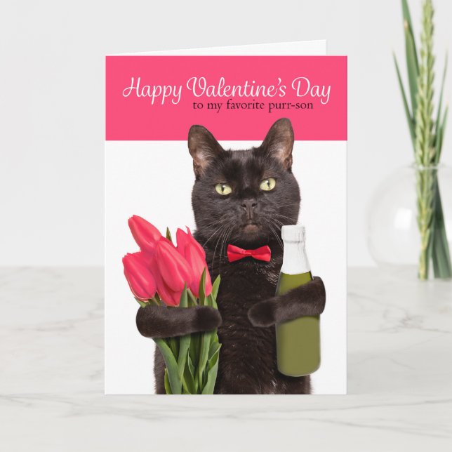 Happy Valentines Day Cute Cat With Flowers  Holiday Card (Front)
