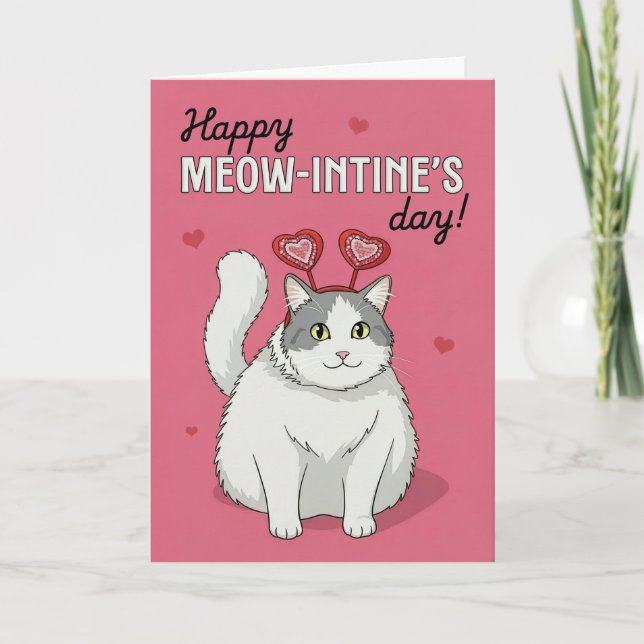 Happy Valentines Day Cute Cat With Heart Headband Holiday Card (Front)