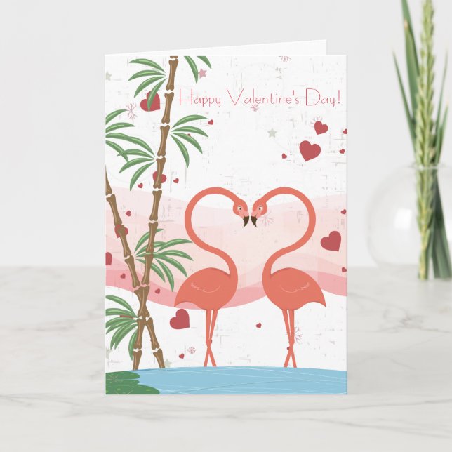 Happy Valentine's Day Cute Flamingo Hearts Bamboo Holiday Card (Front)