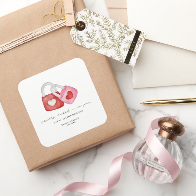 Happy Valentine's Day Cute Fun Locks Hearts Custom Square Sticker (Gifting)
