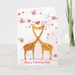Happy Valentine's Day Cute Giraffes Flowers Holiday Card