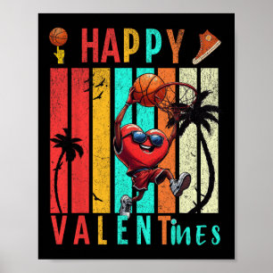 Happy Valentines Day Cute Heart Playing Basketball Poster