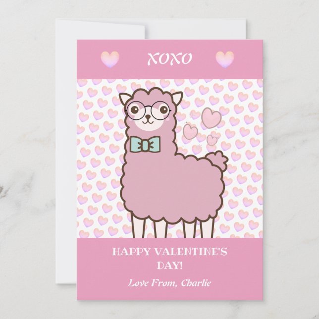 Happy Valentine's Day Cute Llama Blush Pink Hearts Holiday Card (Front)