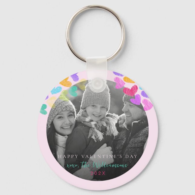 Happy Valentines Day Cute Pastel Hearts Photo Key Ring (Front)