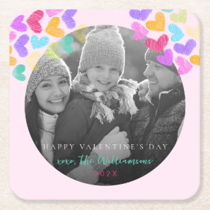 Happy Valentines Day Cute Pastel Hearts Photo Square Paper Coaster