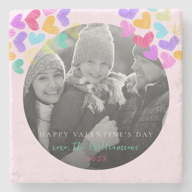 Happy Valentines Day Cute Pastel Hearts Photo Stone Coaster (Front)