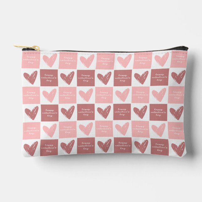 Happy Valentine's Day Cute Pink Hearts Pattern Accessory Pouch (Front)