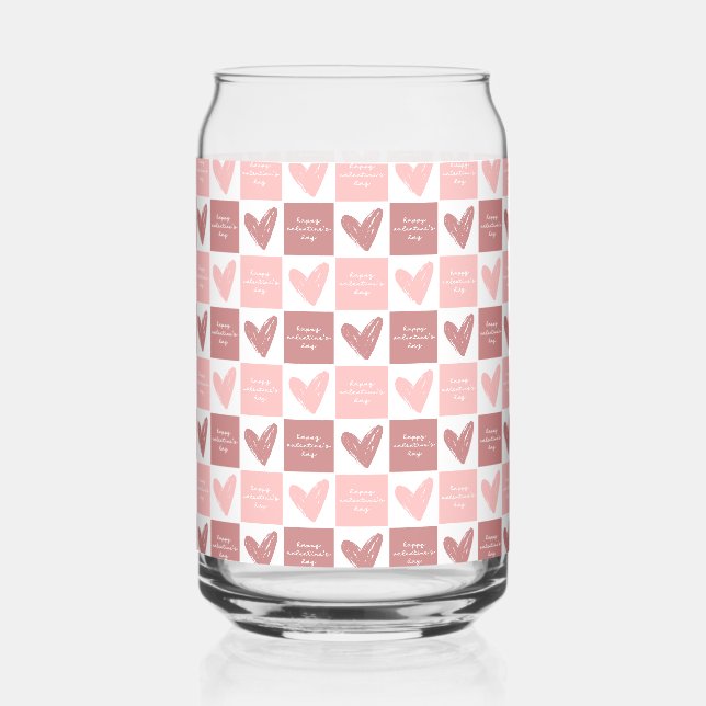 Happy Valentine's Day Cute Pink Hearts Pattern Can Glass (Front)