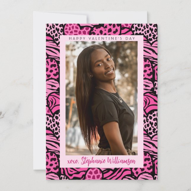 Happy Valentines Day Cute Pink Jungle Hearts Photo Holiday Card (Front)