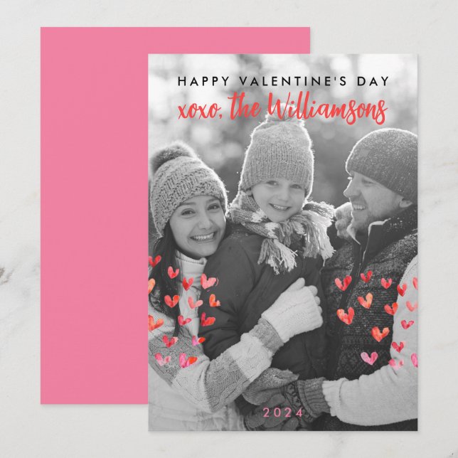 Happy Valentines Day Cute Red Hearts Family Photo Holiday Card (Front/Back)