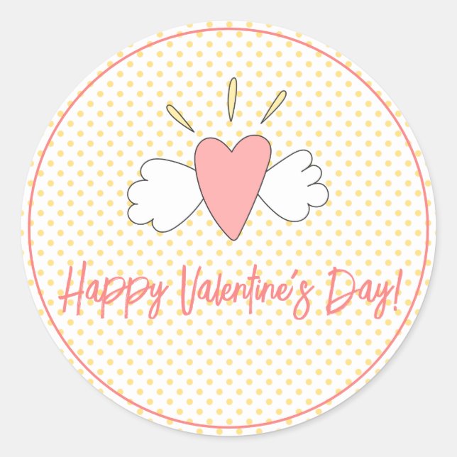 Happy Valentine's Day! Cute Winged Heart  Classic Round Sticker (Front)