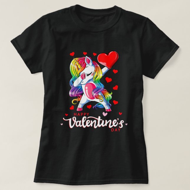 Happy Valentines Day Dabbing Unicorn Heart Rainbow T-Shirt (Design Front)